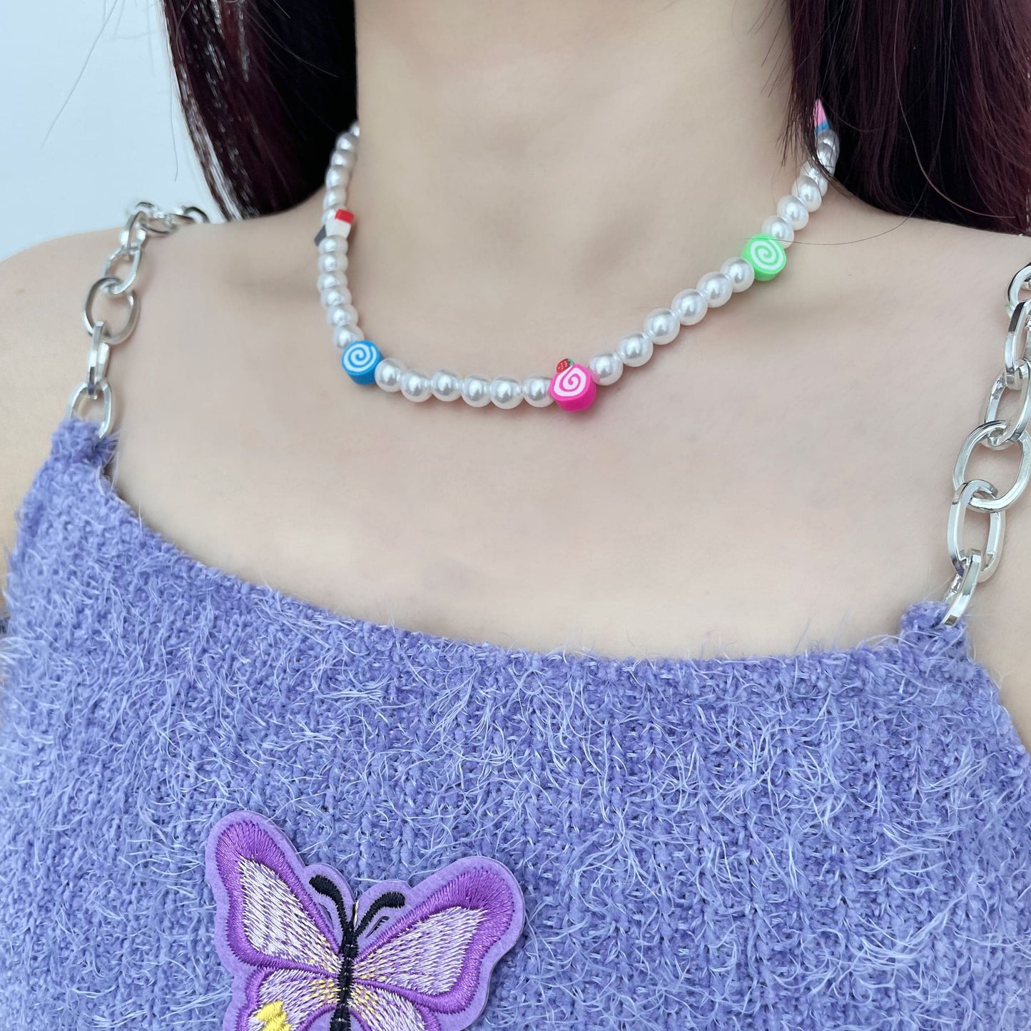 Faux pearl beaded clay necklace