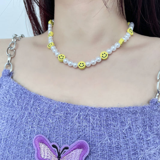 Faux pearl beaded clay necklace