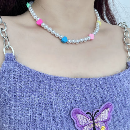 Faux pearl heart beaded multicolor clay necklace