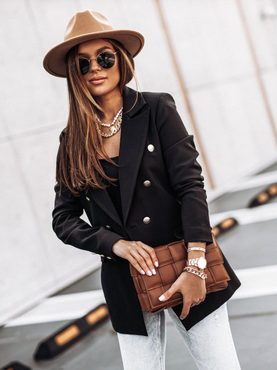 Blazer Jacket White Solid Color Turndown Collar Double Breasted Slim Fit Spring Fall Chic Street Outerwear For Women