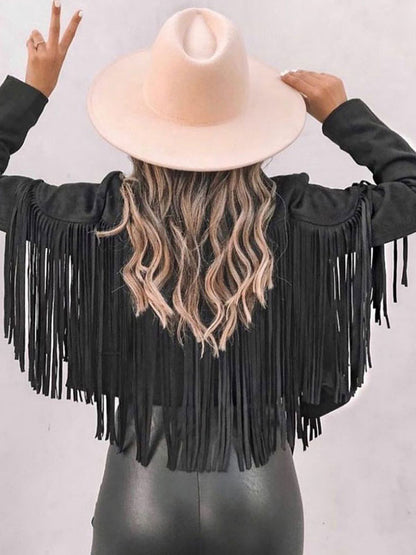 Suede Jacket Black Turndown Collar Fringe Lapel High Waist Solid Color Oversized Relaxed Fit Spring Fall Street Outerwear For Women