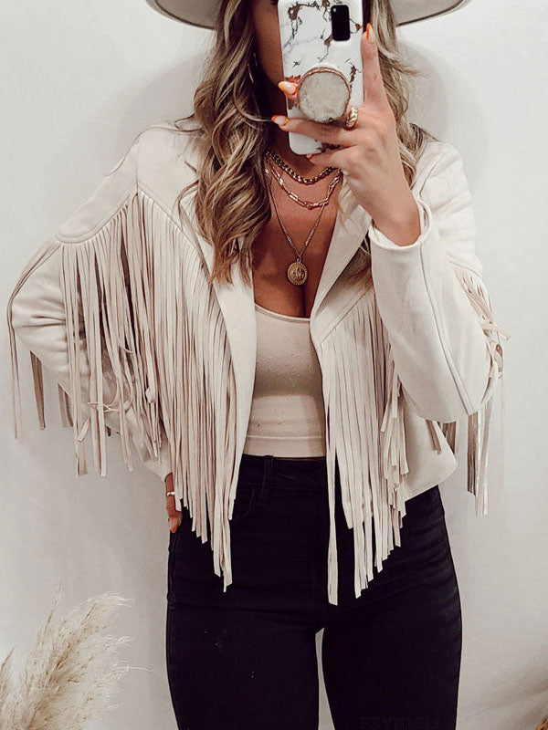 Suede Jacket Black Turndown Collar Fringe Lapel High Waist Solid Color Oversized Relaxed Fit Spring Fall Street Outerwear For Women