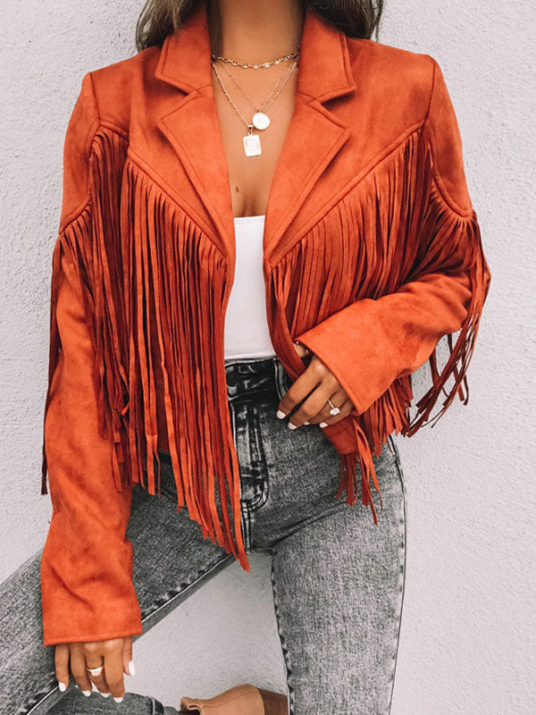 Suede Jacket Black Turndown Collar Fringe Lapel High Waist Solid Color Oversized Relaxed Fit Spring Fall Street Outerwear For Women