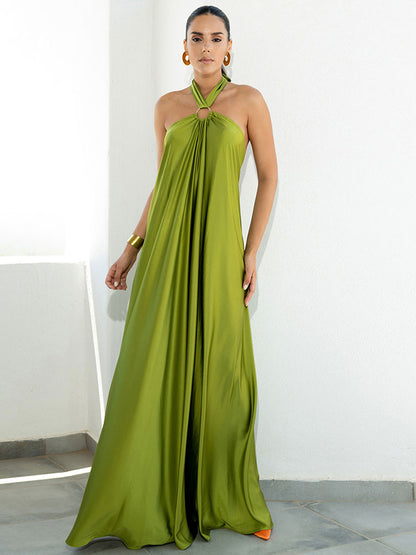 Halter Backless Women Maxi Dress - Satin Minimalist Flowy Gown - Summer Vacation Beach Party 2026