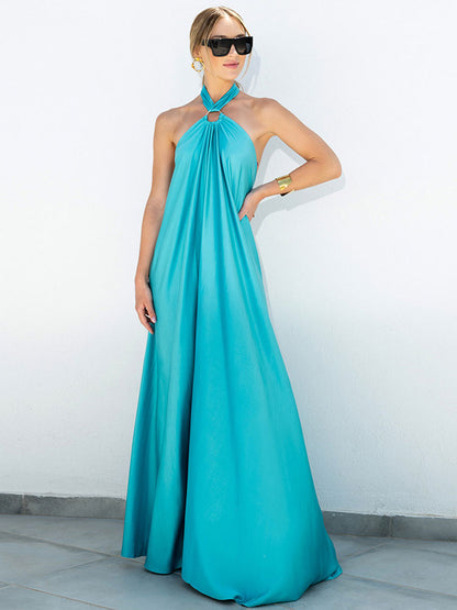 Halter Backless Women Maxi Dress - Satin Minimalist Flowy Gown - Summer Vacation Beach Party 2026