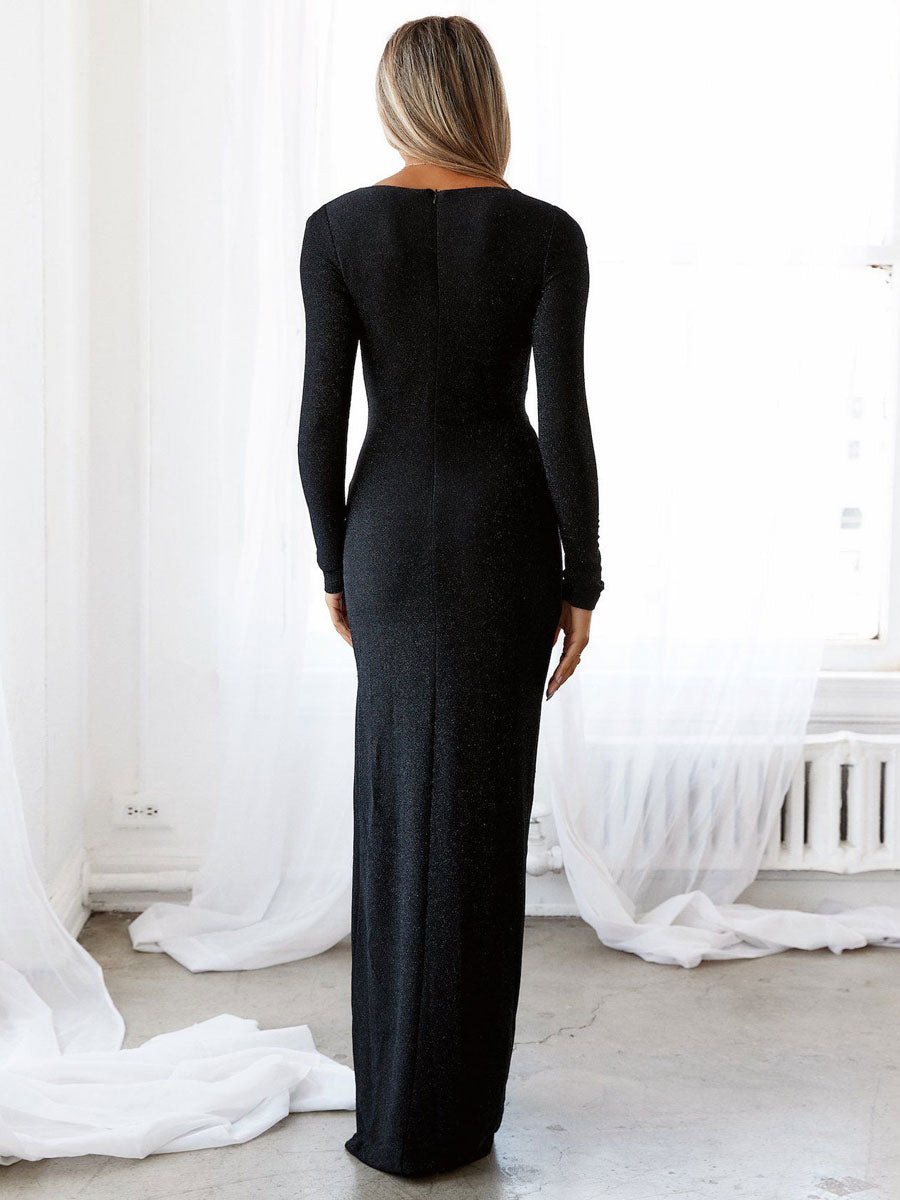 Plunge Maxi Dress Ring Detail High-Slit Strong Shoulder Prom Dresses