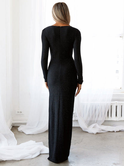 Plunge Maxi Dress Ring Detail High-Slit Strong Shoulder Prom Dresses