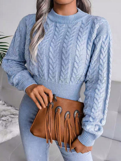 Women Pullover Sweater Baby Blue Jewel Neck Long Sleeves Cotton Sweaters