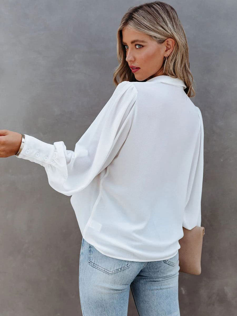 Blouse For Women White V-Neck Casual Long Sleeves Tops