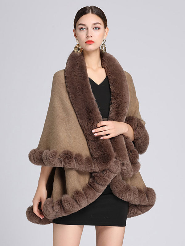 Women Poncho Faux Fur Collar Cape Spring Outerwear