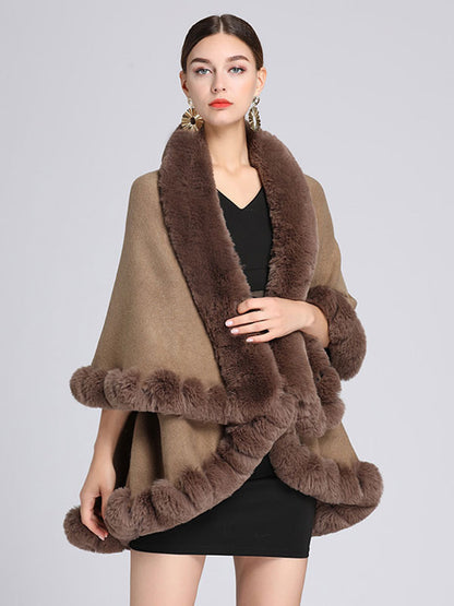 Women Poncho Faux Fur Collar Cape Spring Outerwear