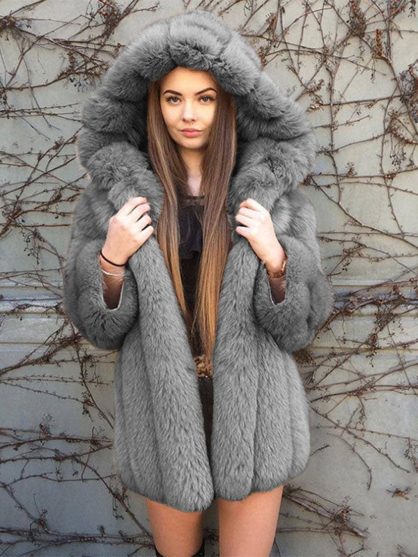 Plush Faux Fur Coat With Hood Winter Eco-friendly Fur Midi Jacket For Women 2026