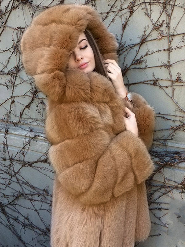 Plush Faux Fur Coat With Hood Winter Eco-friendly Fur Midi Jacket For Women 2026