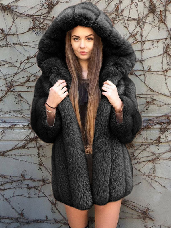 Plush Faux Fur Coat With Hood Winter Eco-friendly Fur Midi Jacket For Women 2026