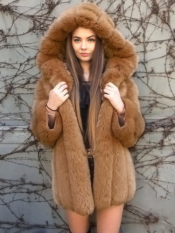 Plush Faux Fur Coat With Hood Winter Eco-friendly Fur Midi Jacket For Women 2026