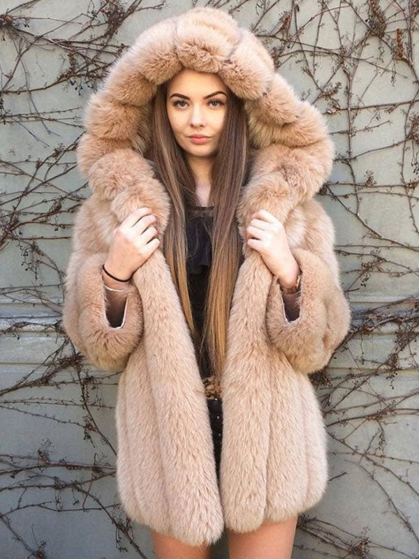 Plush Faux Fur Coat With Hood Winter Eco-friendly Fur Midi Jacket For Women 2026