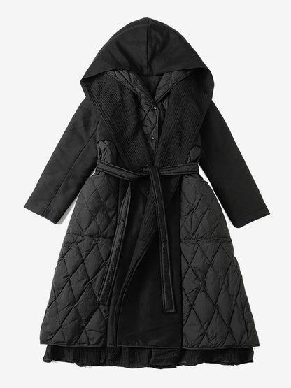 Black Down Coat Hooded Belted Long Winter Outerwear For Women