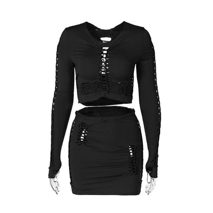 Long sleeve solid hollow out round neck ruched crop top skirt set-final-sale