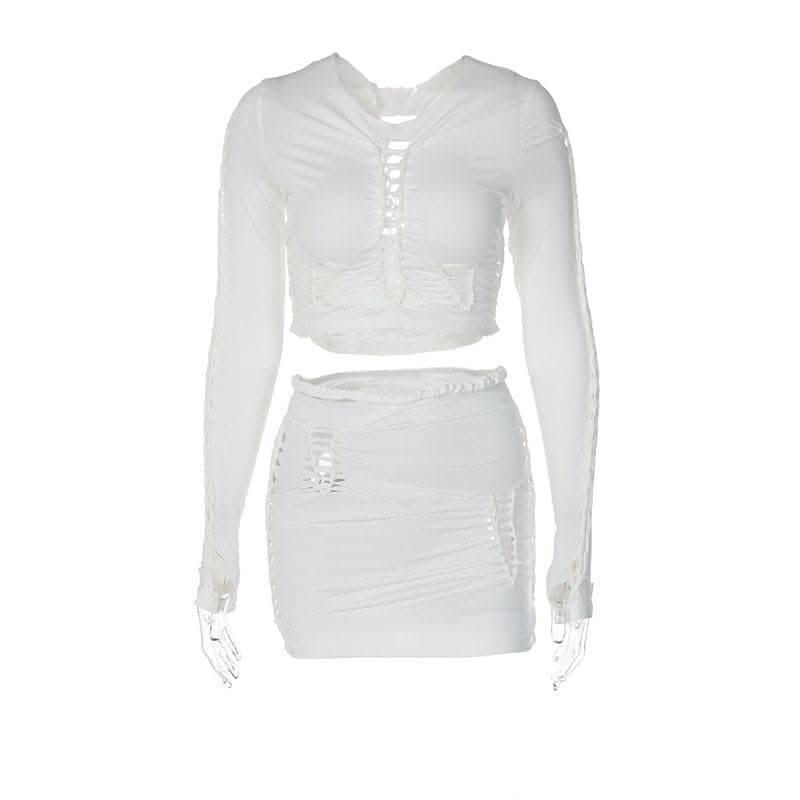 Long sleeve solid hollow out round neck ruched crop top skirt set-final-sale