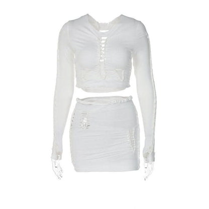 Long sleeve solid hollow out round neck ruched crop top skirt set-final-sale