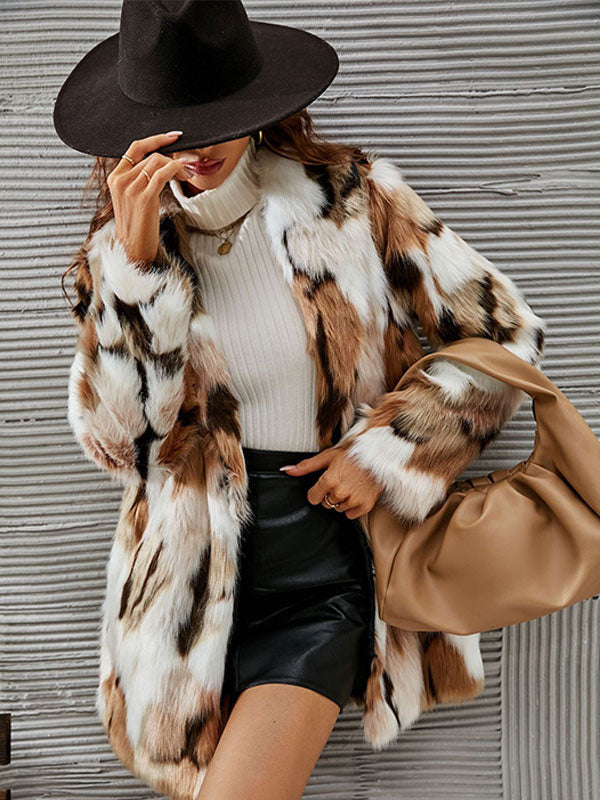 Faux Fur Coats Coffee BrownTwo-Tone Women Eco-friendly Fur Coat