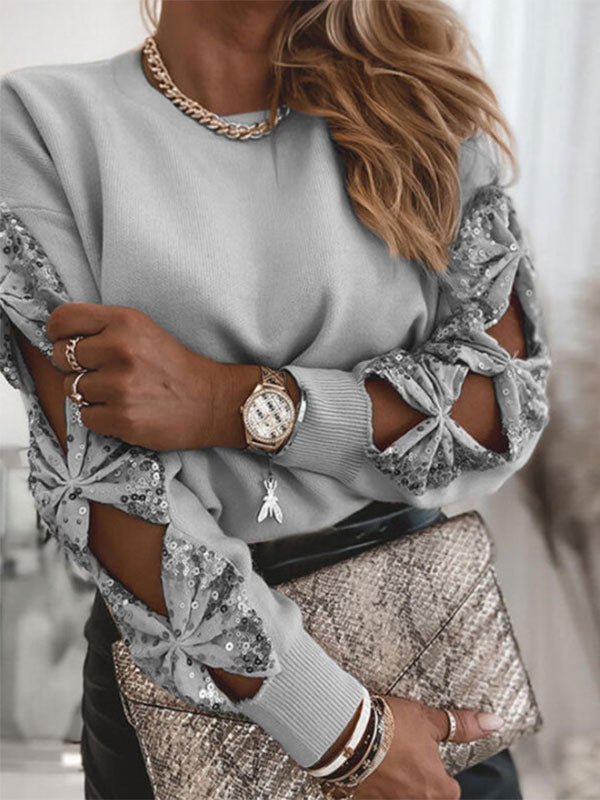 Women Pullover Sweater Apricot Sequins Jewel Neck Long Sleeves Sweaters
