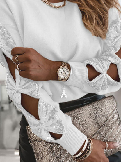 Women Pullover Sweater Apricot Sequins Jewel Neck Long Sleeves Sweaters