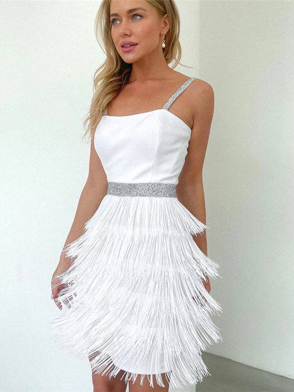Birthday Party Dress V-Neck Sleeveless Cocktail Mini Dresses With Fringe