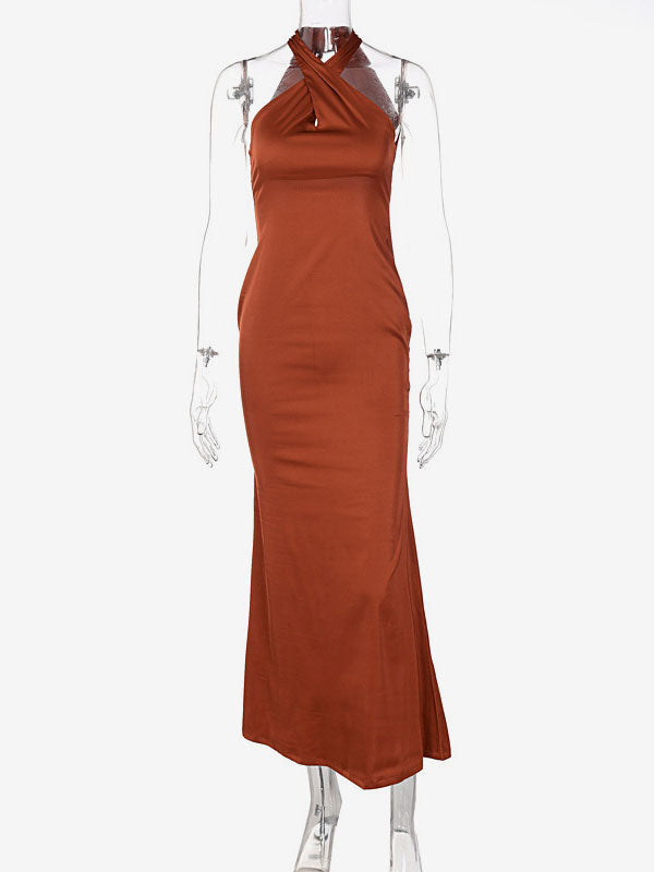 Halter Maxi Dress Sleeveless Sexy Stretch Pleated Floor Length Prom Dress