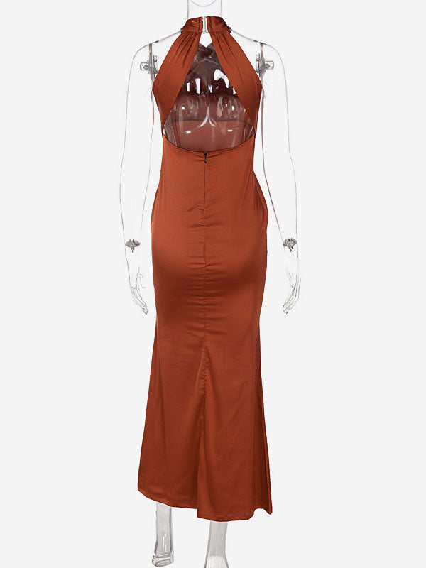 Halter Maxi Dress Sleeveless Sexy Stretch Pleated Floor Length Prom Dress