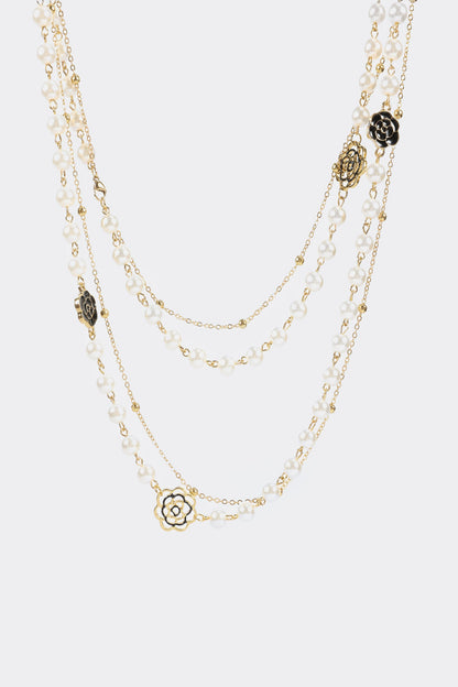 Faux Pearl Metal Floral Long Necklace