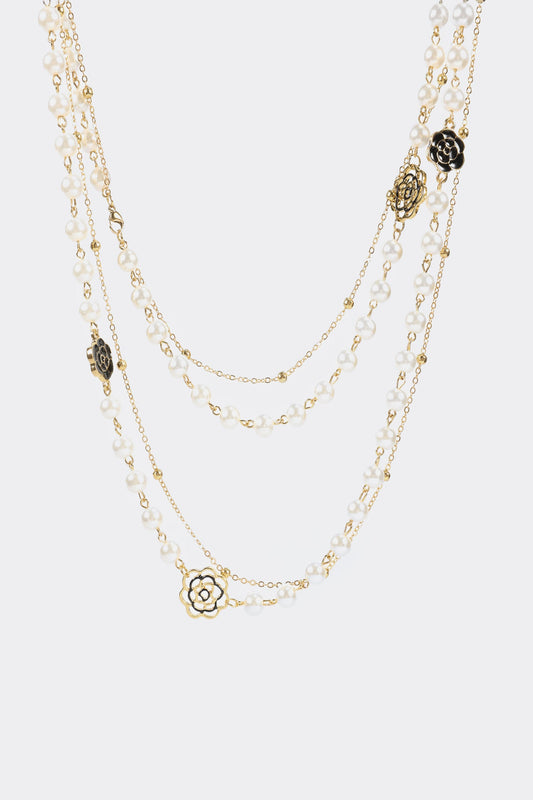 Faux Pearl Metal Floral Long Necklace
