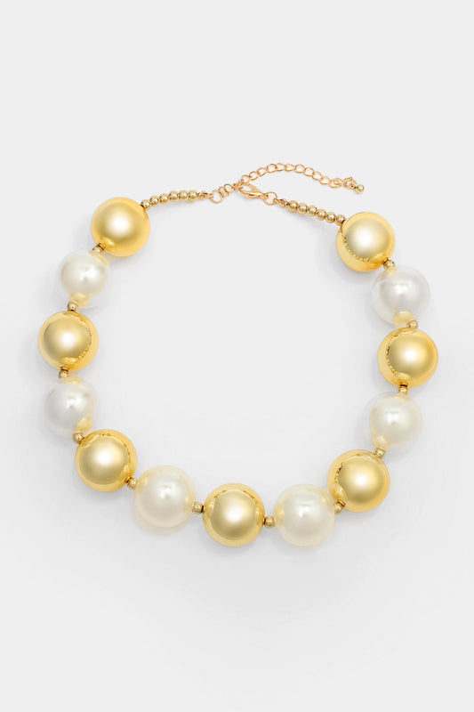 Faux Pearl Metal Ball Necklace & Earrings Set