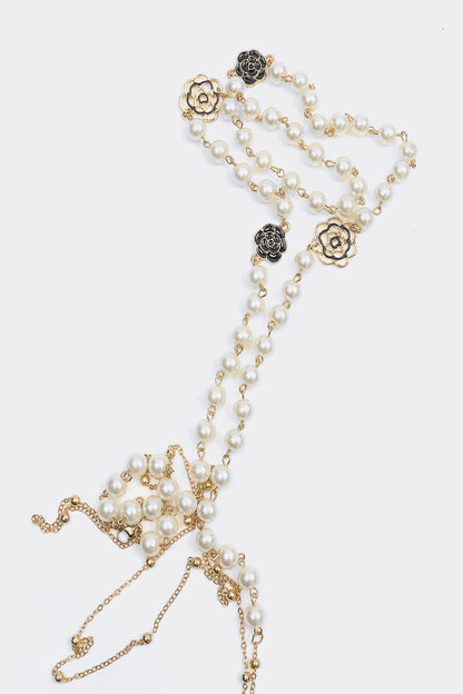 Faux Pearl Metal Floral Long Necklace
