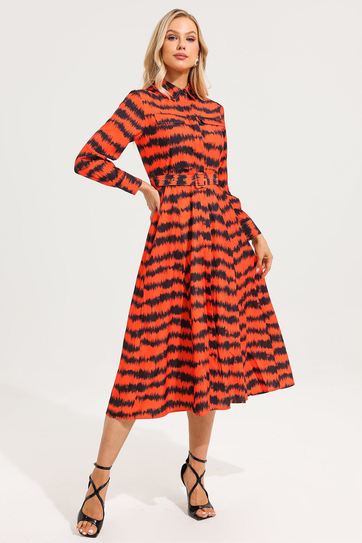 Zebra Print Chest Pocket Midi Dress With Belt