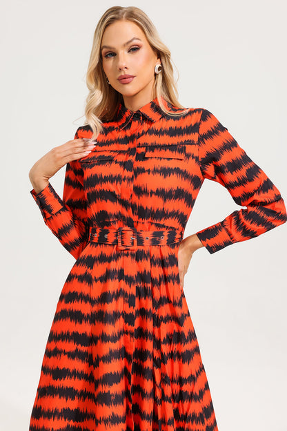 Zebra Print Chest Pocket Midi Dress With Belt