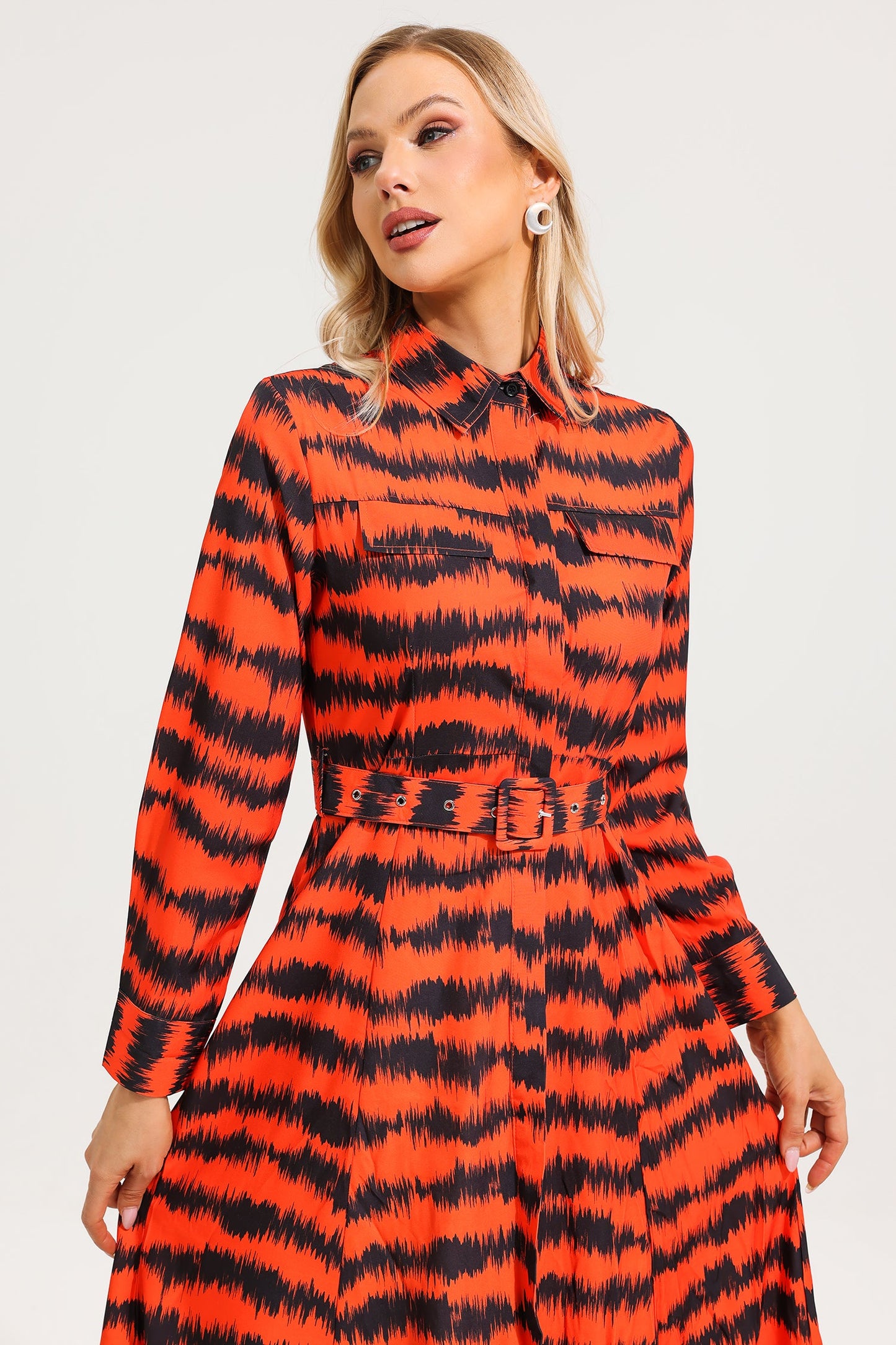 Zebra Print Chest Pocket Midi Dress With Belt