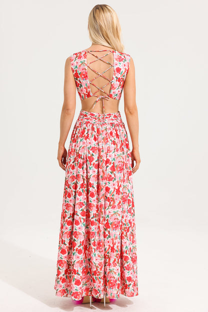V-Neck Sleeveless Floral Frill Maxi Dress