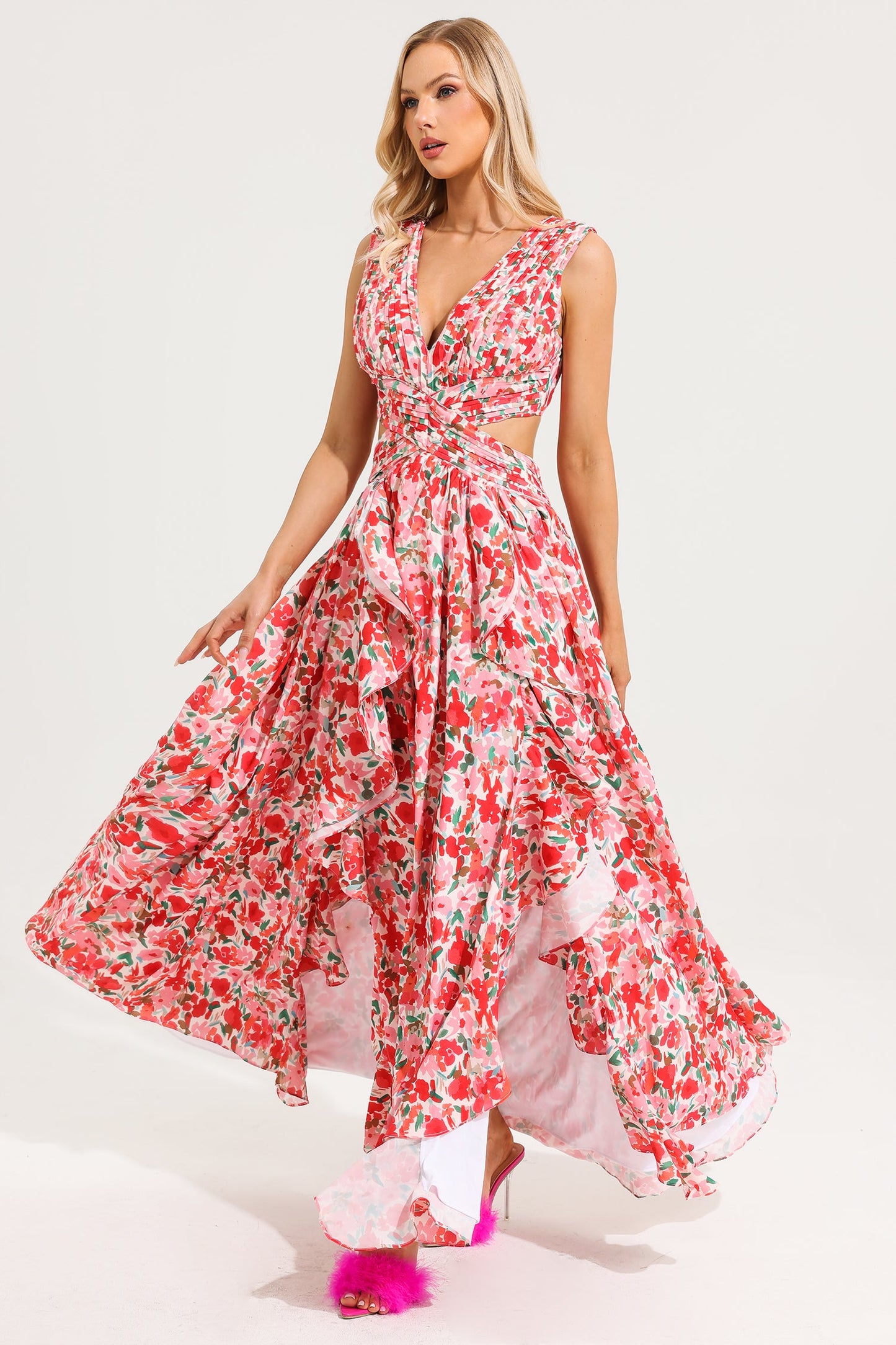 V-Neck Sleeveless Floral Frill Maxi Dress