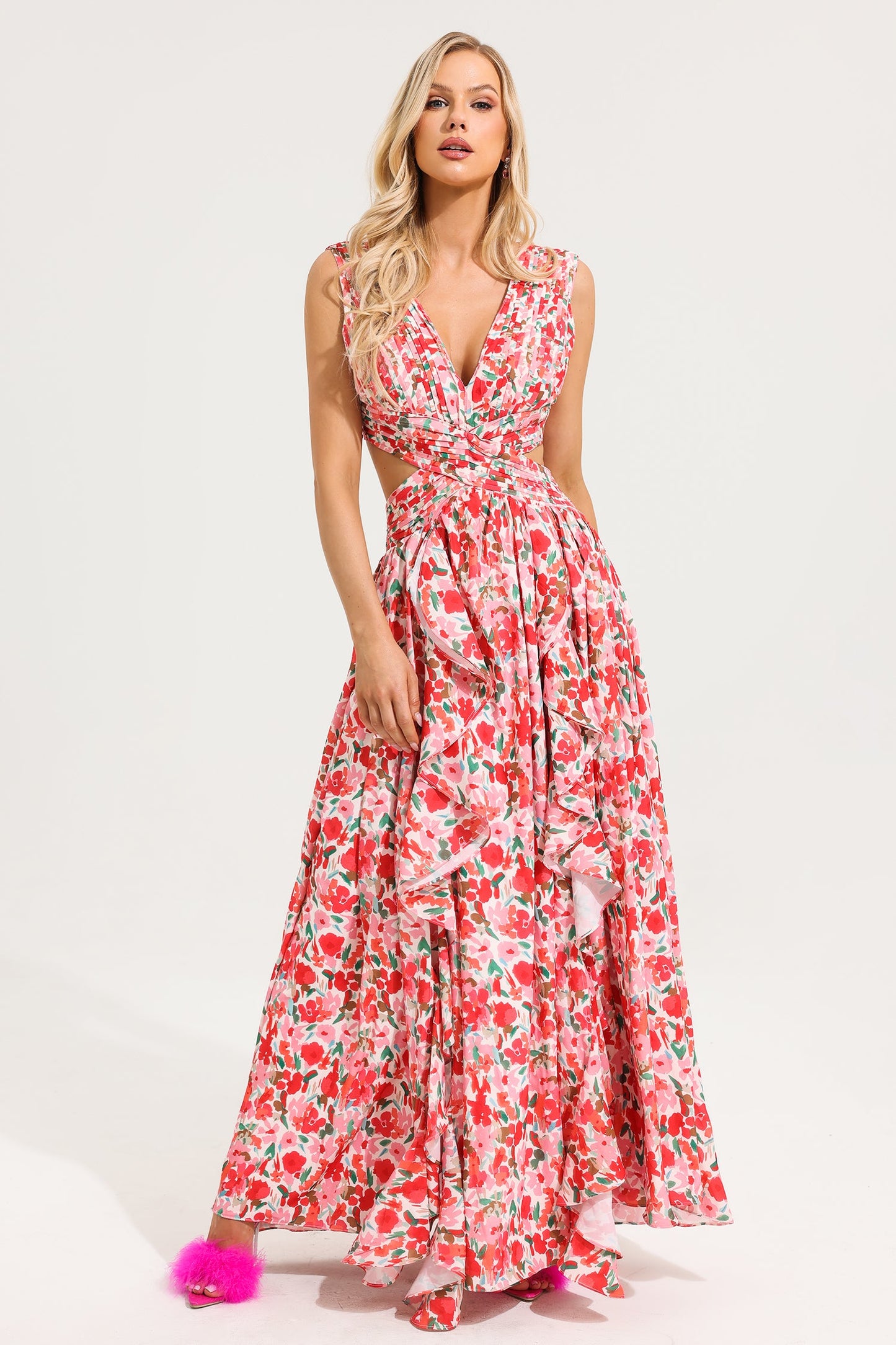 V-Neck Sleeveless Floral Frill Maxi Dress