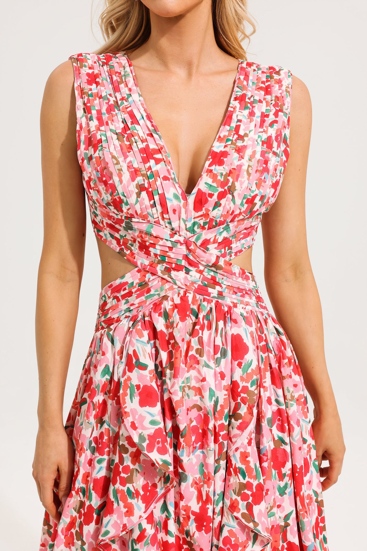 V-Neck Sleeveless Floral Frill Maxi Dress