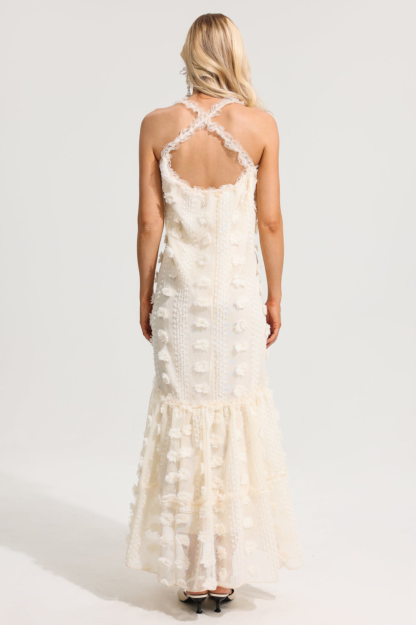 Ruffle 3D Flower Halter Neck Maxi Dress