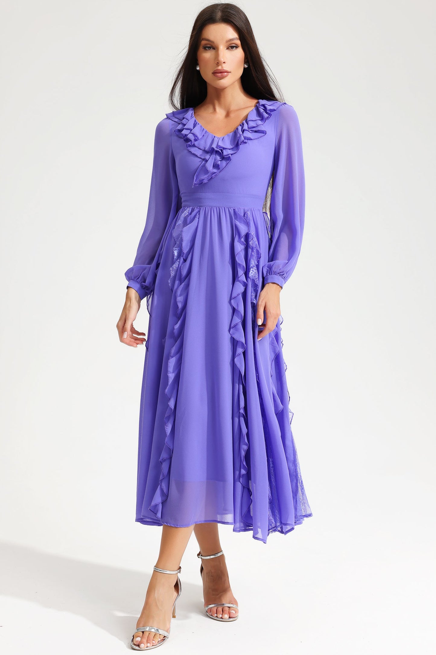 Long Sleeve V-Neck Ruffle Midi Dress Purple
