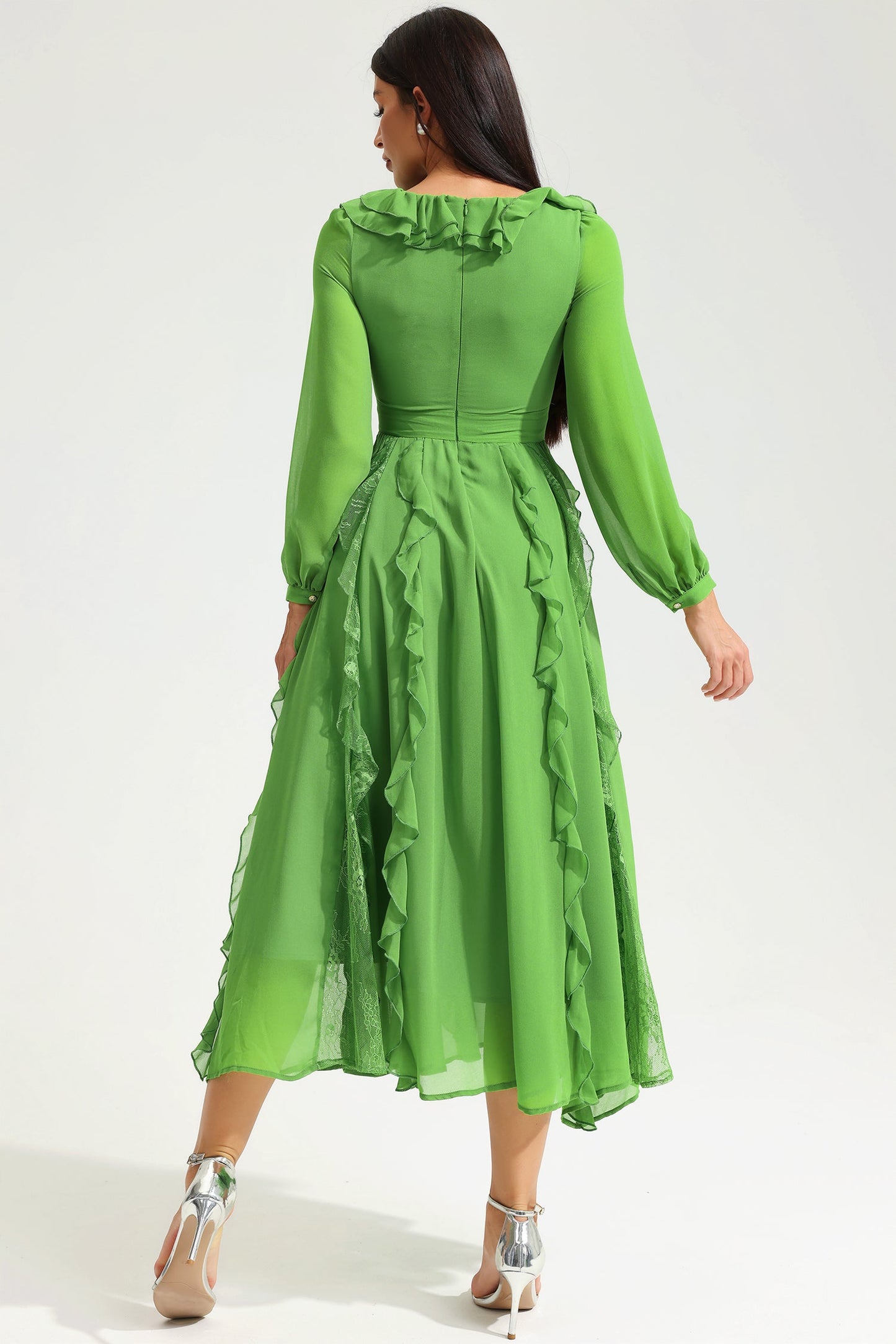 Long Sleeve V-Neck Ruffle Midi Dress Green