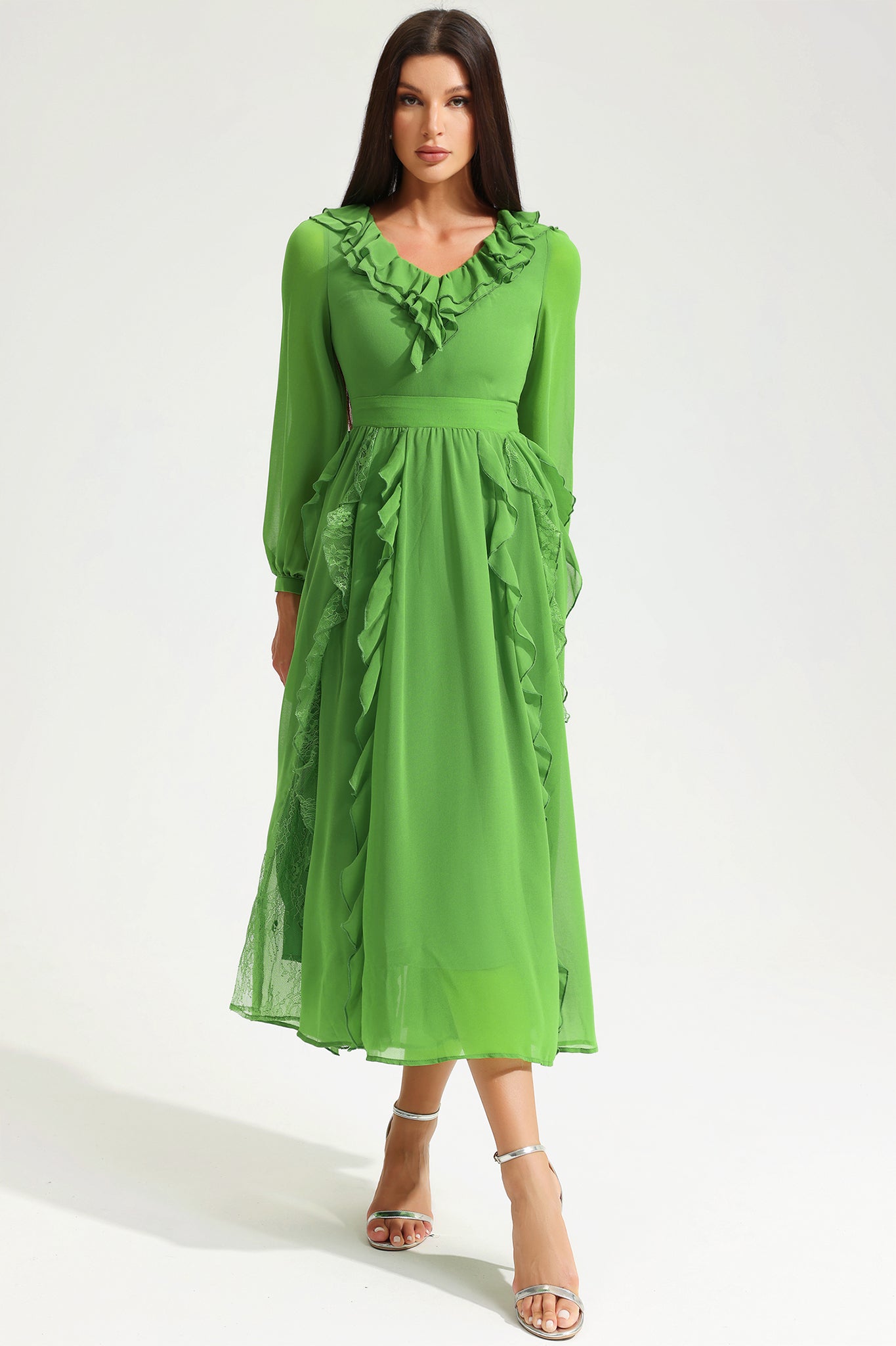 Long Sleeve V-Neck Ruffle Midi Dress Green