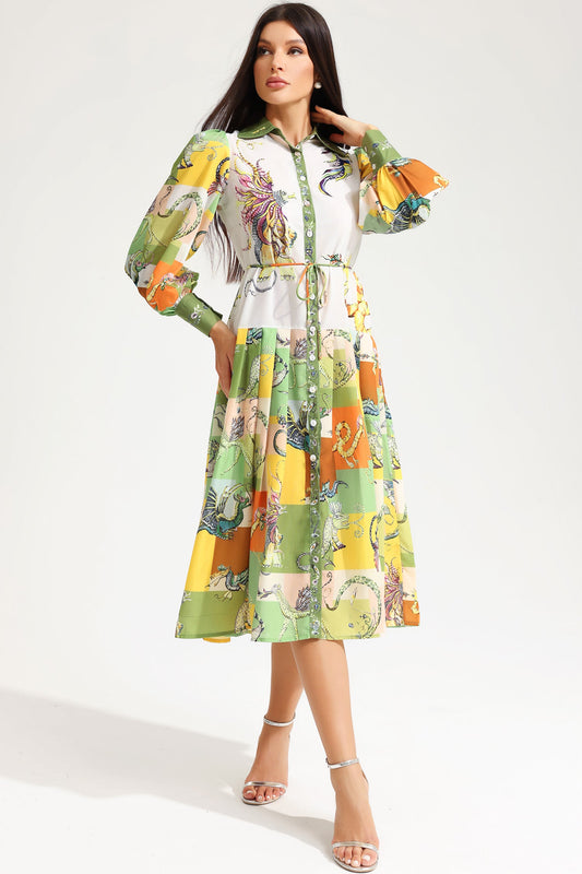 Animal Print Long Sleeve Lace Up Midi Dress