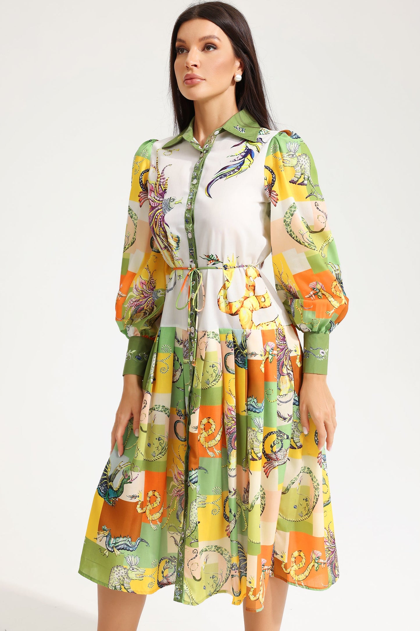 Animal Print Long Sleeve Lace Up Midi Dress