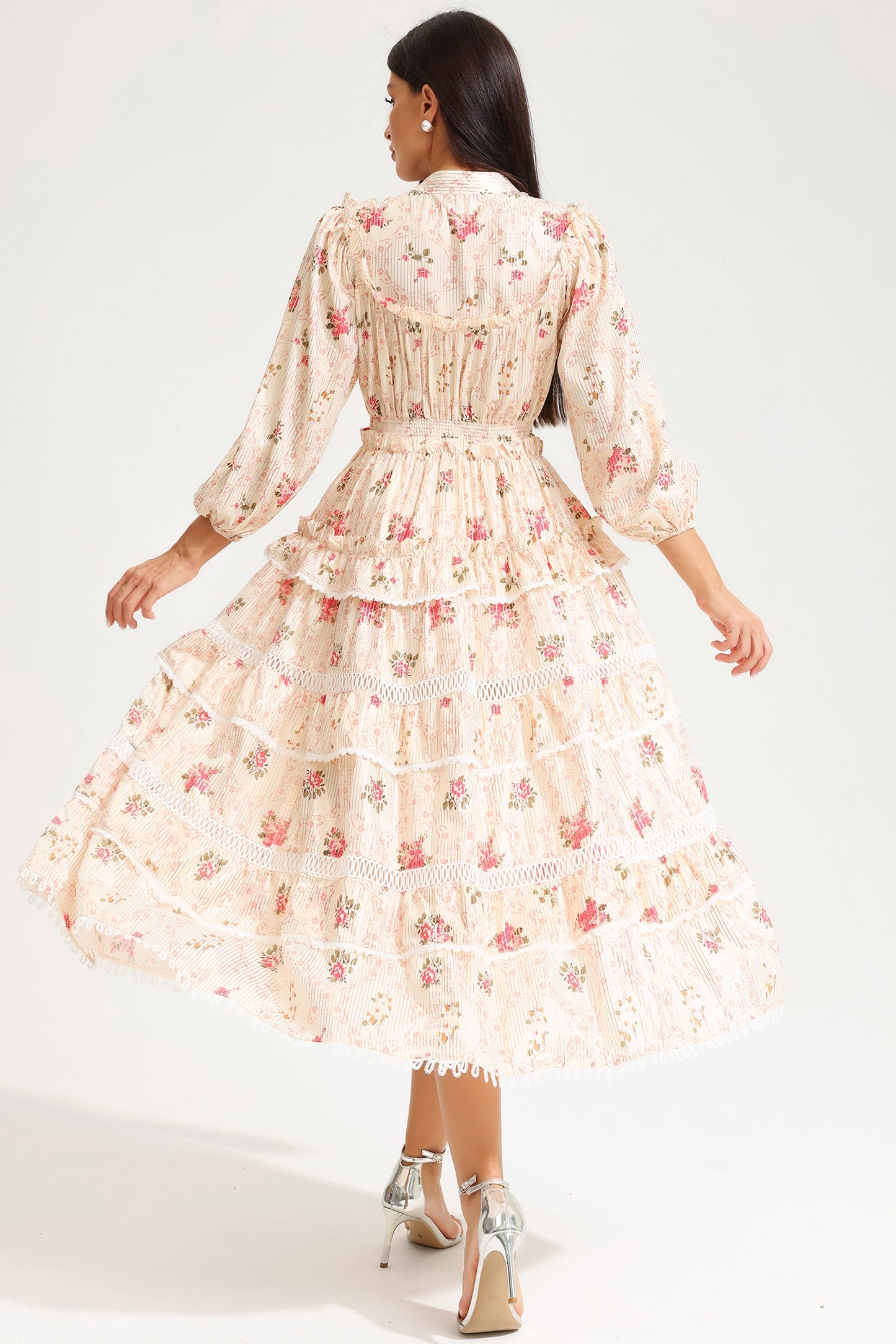 Floral Lantern Sleeve Buckle Midi Dress Yellow