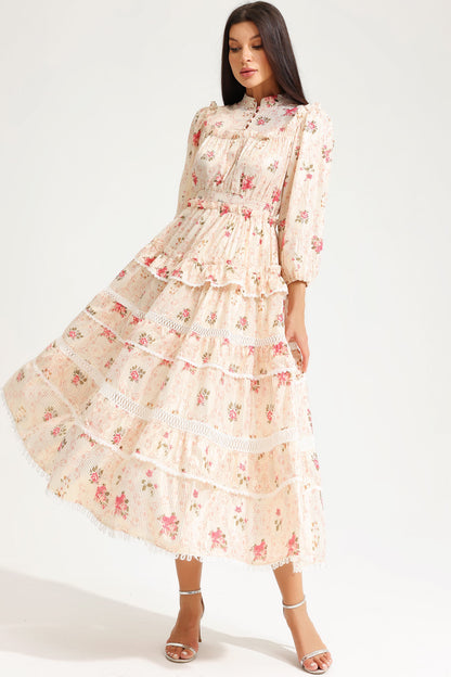 Floral Lantern Sleeve Buckle Midi Dress Yellow