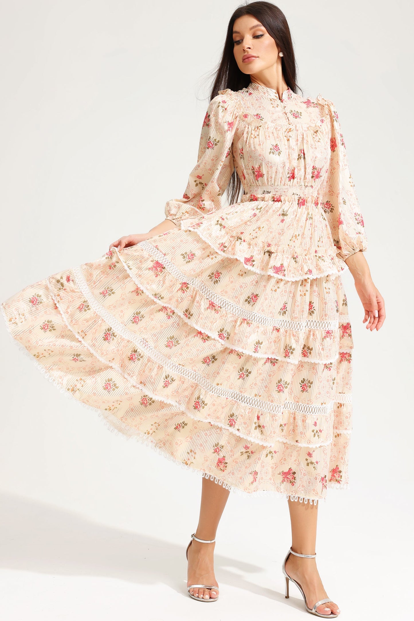 Floral Lantern Sleeve Buckle Midi Dress Yellow